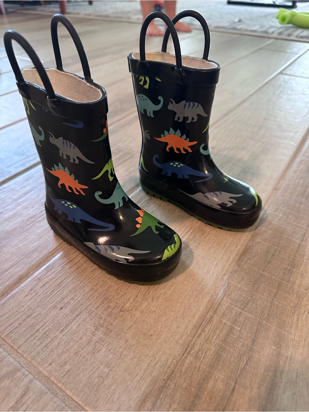 Kids Black Dinosaur Rain Boots with Easy Pull Handles